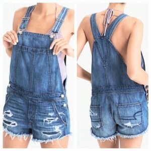 AMERICAN EAGLE | Distressed Blue Denim Jean Overalls Shorts Women’s Size Small